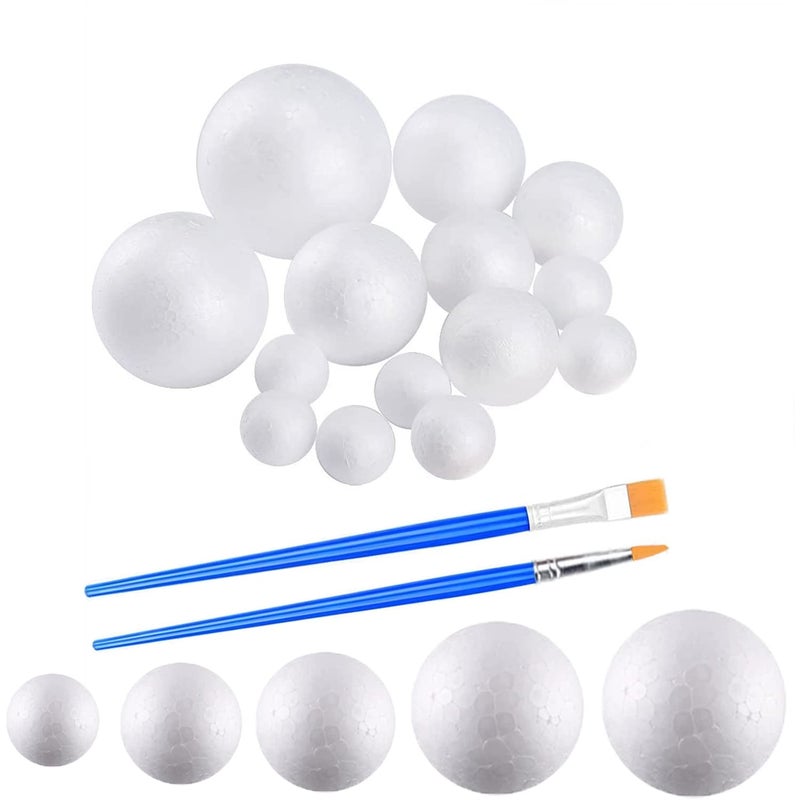 hesmartly 50 Pack Craft Foam Balls,White Polystyrene Smooth Round Balls, 5 Sizes Foam Balls and 2 Pieces Painting Brushes for DIY Projects Arts and Crafts Supplies - Image 1